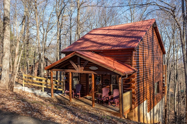 Relax on the welcoming porch with Adirondack chairs in a serene forest setting.