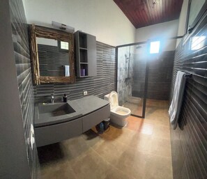 Shower, towels, soap, toilet paper