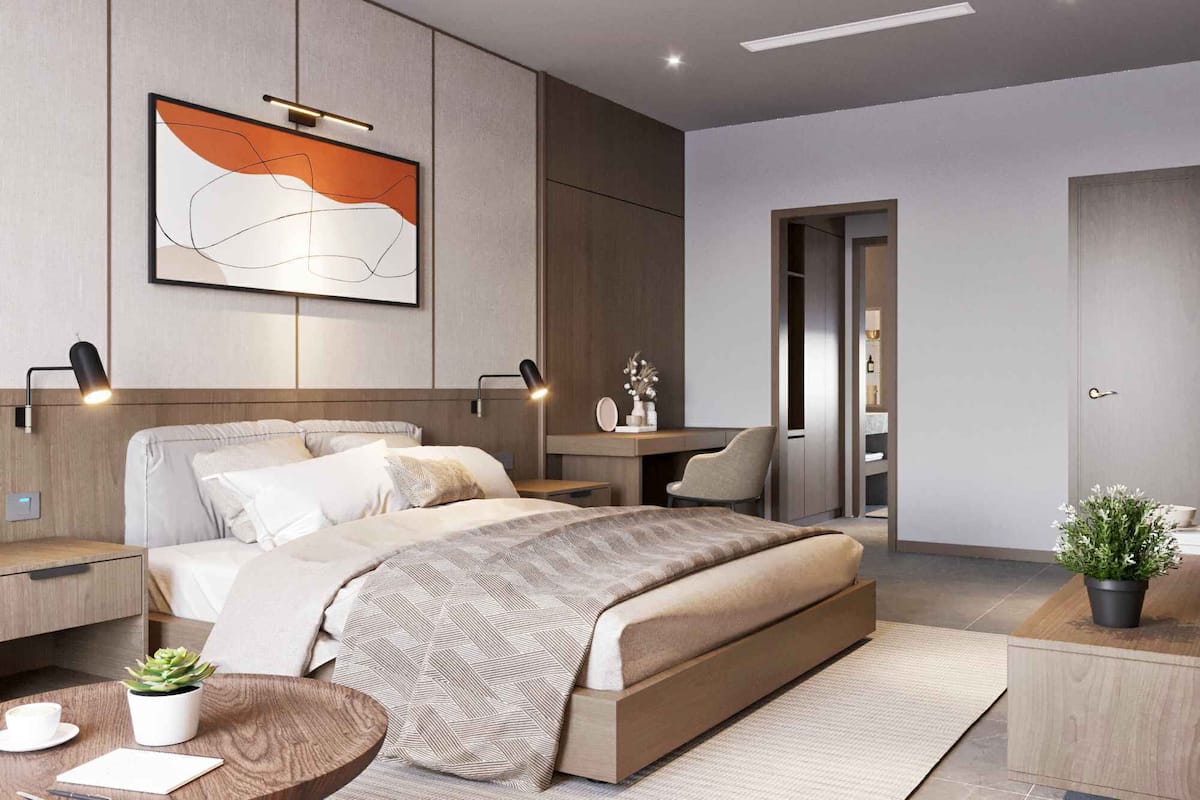 Premium bedding, memory-foam beds, desk, laptop workspace
