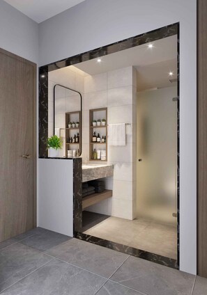 奢华套房 | 浴室 | 淋浴设施、吹风机、浴袍、毛巾