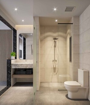 Shower, hair dryer, bathrobes, towels