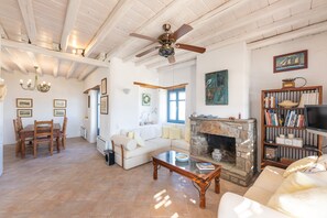 TV, fireplace, books - Marpissa Paros traditional house Casa Mira (Marpissa Paros)