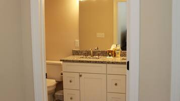 Hair dryer, towels, soap, shampoo