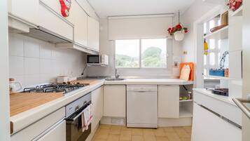 Frigorífico, microondas, horno y placa de cocina