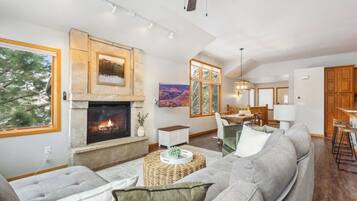 Smart TV, chimenea y libros