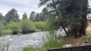 A bench overlooking a river with trees in the background. - AC! 2 Kings 2 Twins Condo - Walk to River! Close to downtown and RMNP (Estes Park)