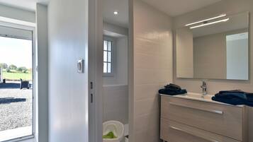 Shower, hair dryer, towels