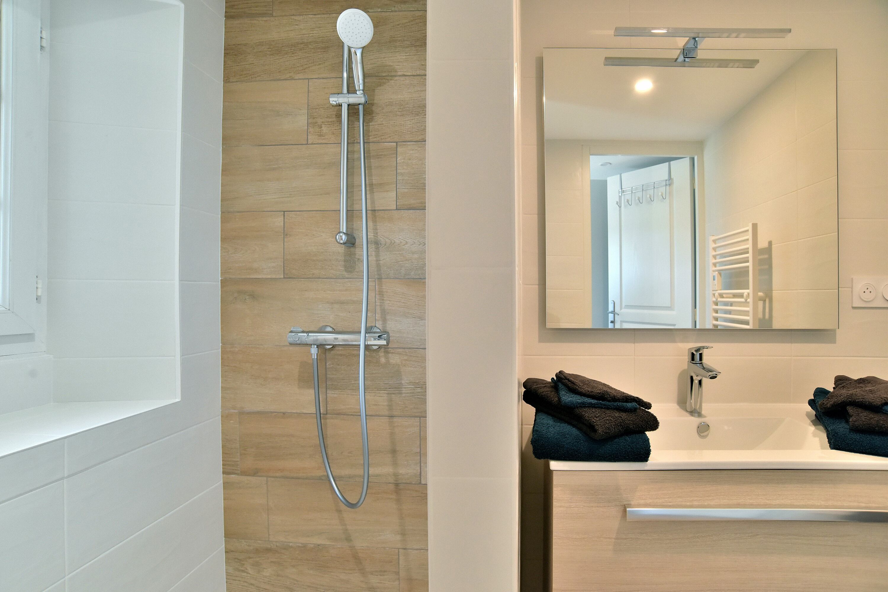 Shower, hair dryer, towels