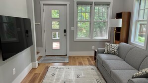 A living room with a grey sofa, a flat-screen TV, a patterned rug, and a door with windows.