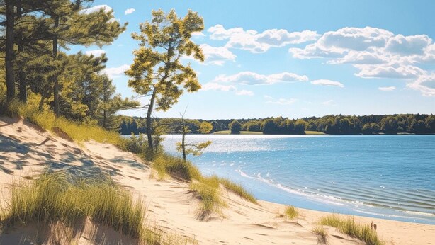 Una spiaggia sabbiosa con dune, un lago limpido e alberi sullo sfondo.
