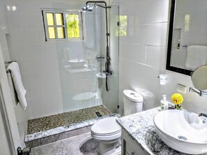 Ducha, secador de pelo, toallas, jabón