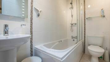 Hair dryer, towels, toilet paper