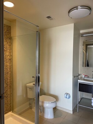 Bathroom features a glass-enclosed shower, toilet, sink, and mirror.