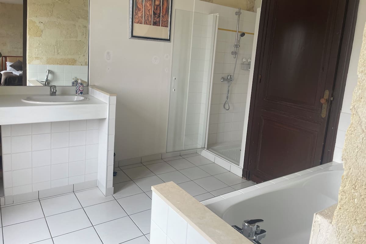 A bathroom with a white sink, a shower, and a bathtub.