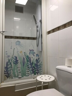 Shower, hair dryer, towels, soap
