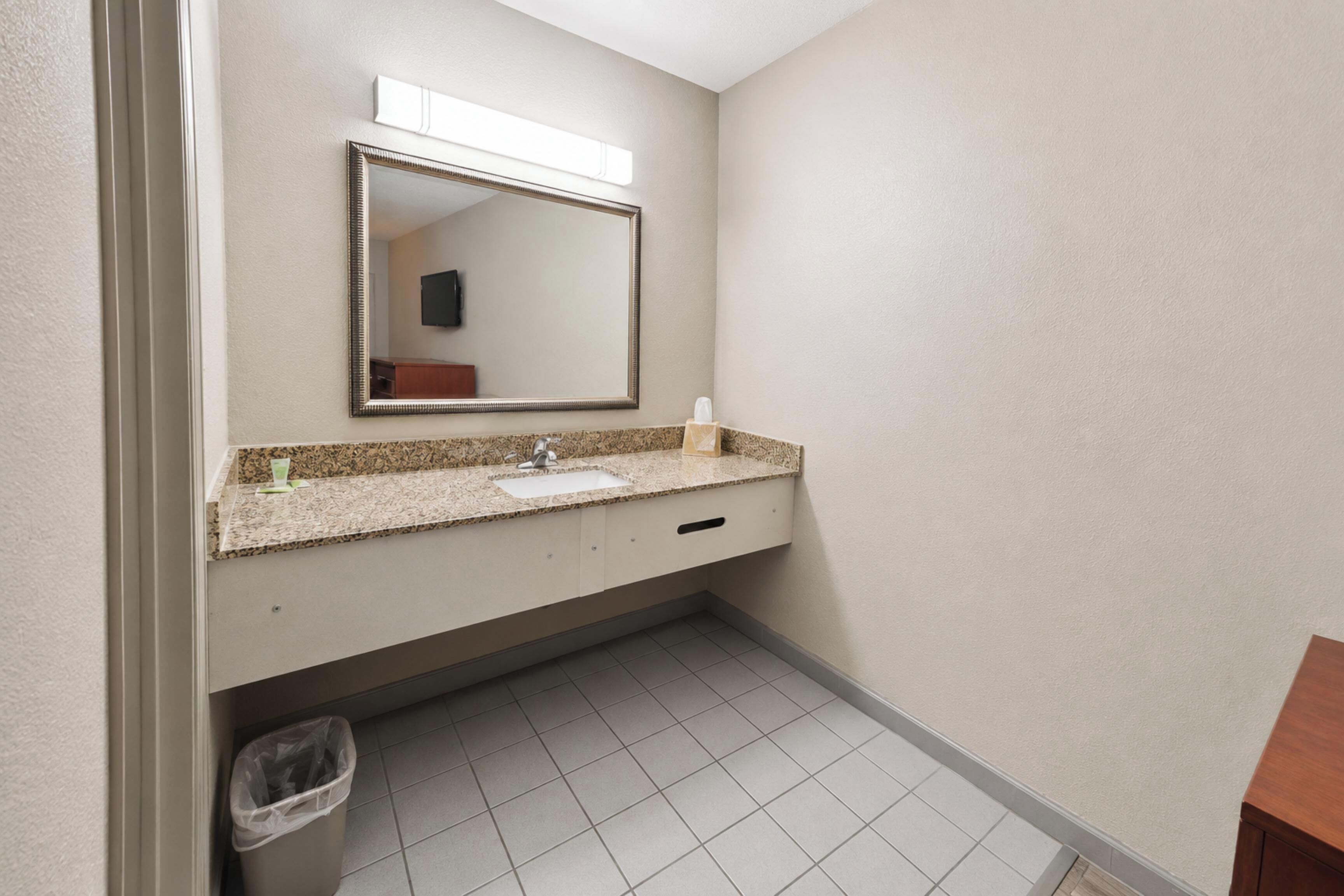 A bathroom with a sink, mirror, and trash can.