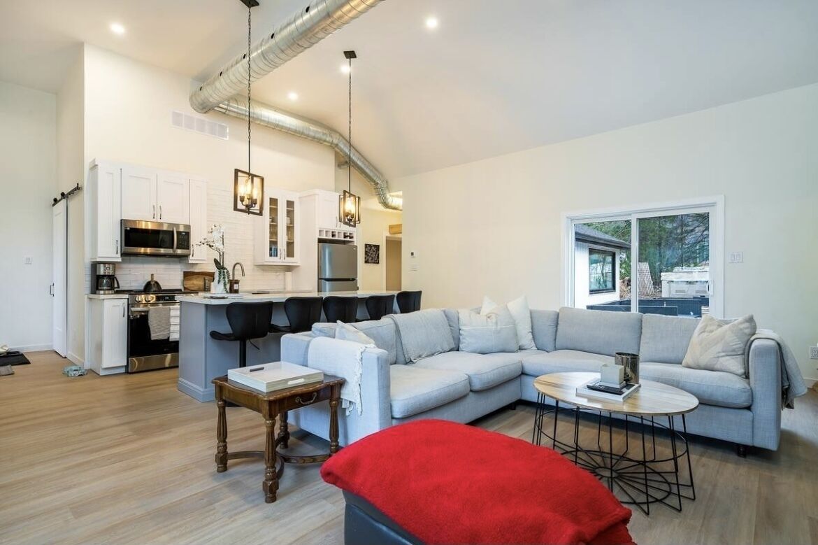 A modern apartment with a kitchen, dining area, and living room.