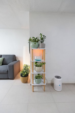 A living room with a grey sofa, a white wall, a wooden plant stand with multiple shelves, and a white speaker.