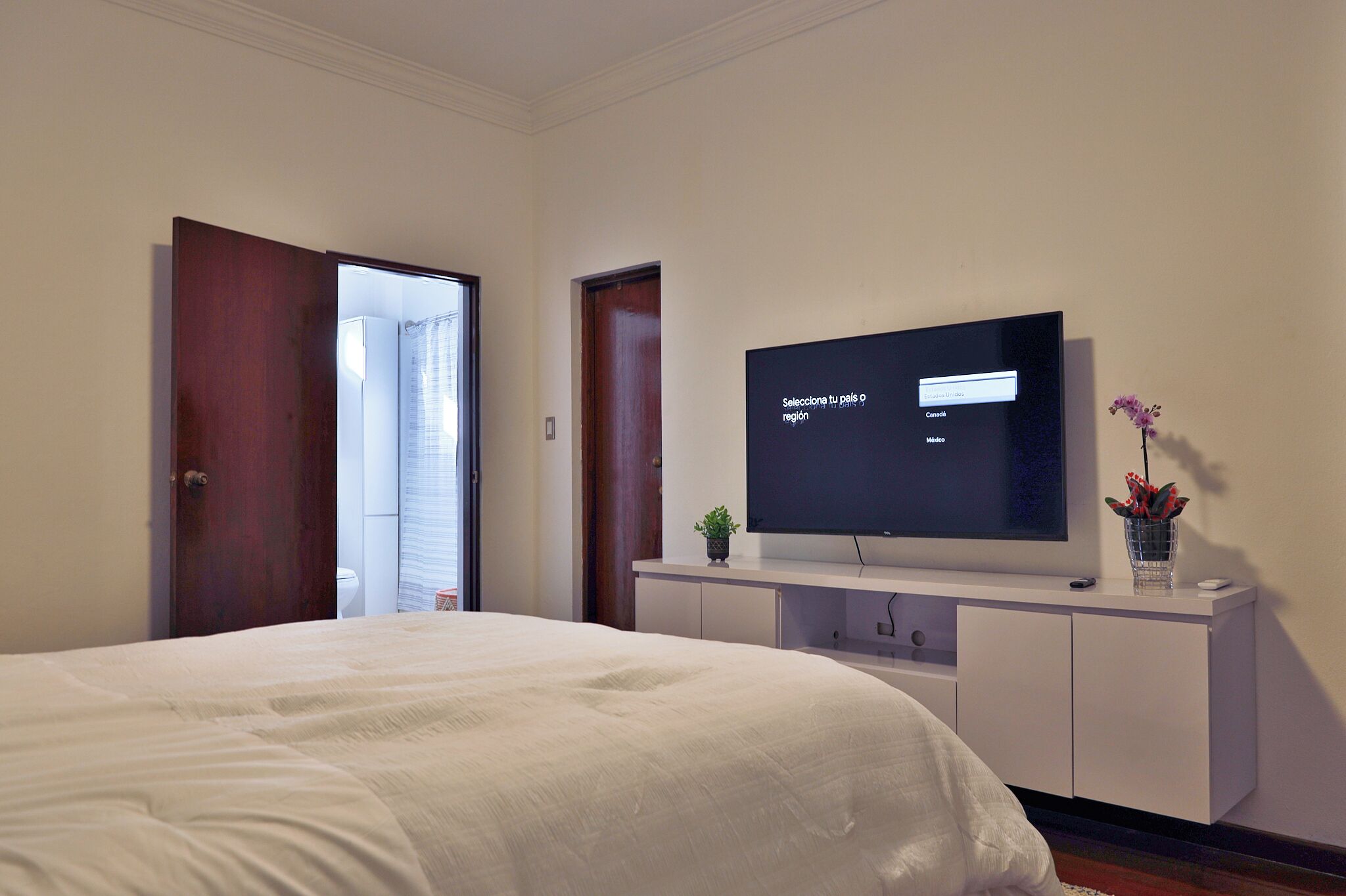 A bedroom with a bed, a TV on a white cabinet, and a small plant on the cabinet.