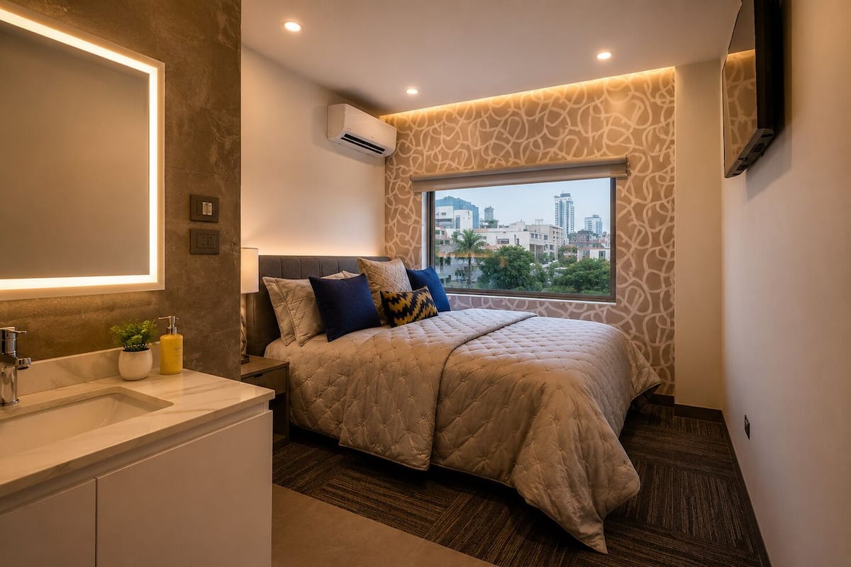 Een moderne slaapkamer met een groot bed, een badkamer met een wastafel en uitzicht op de stad.