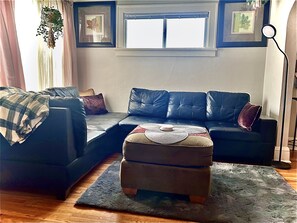 A living room with a dark blue leather sofa, a matching ottoman, and a patterned rug. There are framed pictures on the wall, a hanging plant, and a floor lamp. - 2-bedroom vacation home just 16 minutes to MSP airport. (Saint Paul)