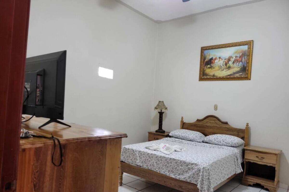 Un dormitorio con cama de madera, una mesita de noche con lámpara, un televisor sobre un escritorio de madera y un cuadro en la pared.