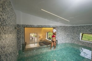 Una piscina interior con paredes de mosaicos y vista despejada al exterior.