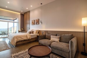 Desk, laptop workspace, blackout curtains, free WiFi