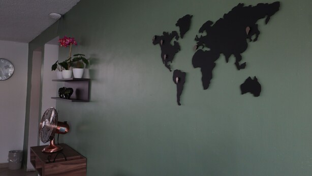 A room with a green wall, a world map decoration, a clock, a fan, and shelves with potted plants. - ¡ A 100 MTS DEL Reloj Monumental Aqui SI VAS A Estar EN EL Centro DE LA Ciudad ! (Pachuca de Soto)