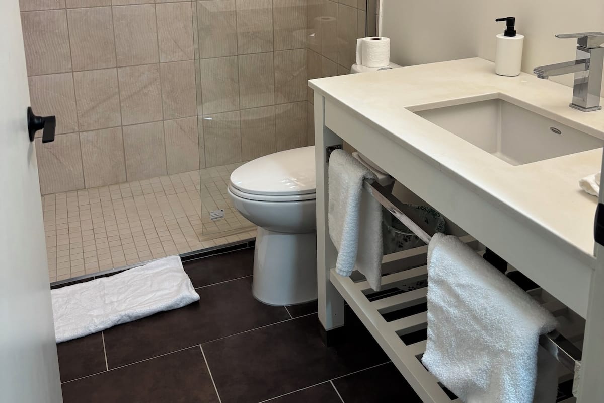 Et moderne badeværelse med brusekabine i glas, toilet, vask med spejl og et håndklædestativ.