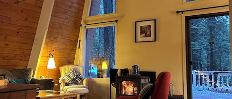 Smart TV, fireplace, books, printers