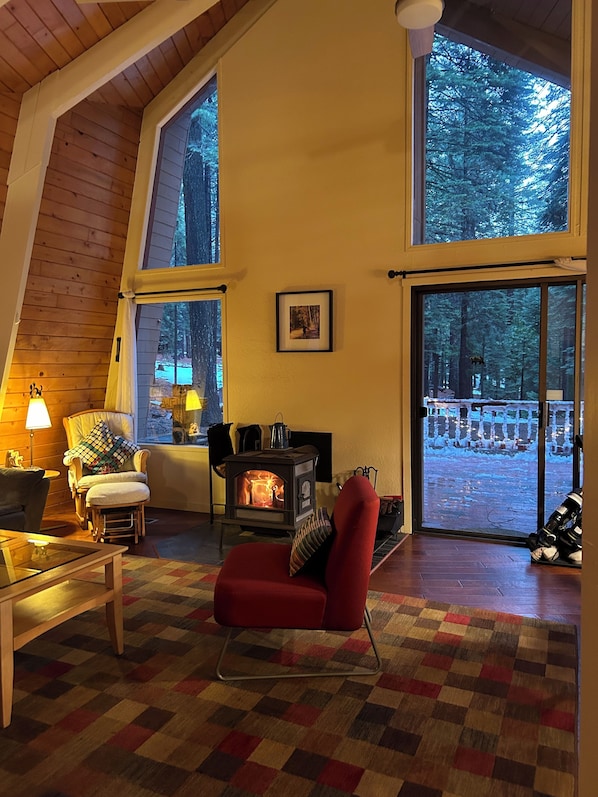 Smart TV, fireplace, books, printers