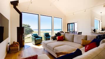 Smart TV, chimenea y libros