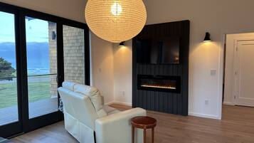 Smart TV, fireplace, books