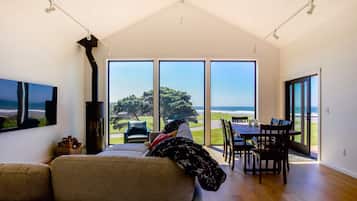 Smart TV, chimenea y libros