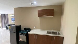 A compact kitchen with a gas stove, a refrigerator, and a sink.