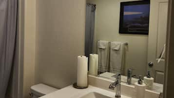 Hair dryer, towels, soap, shampoo