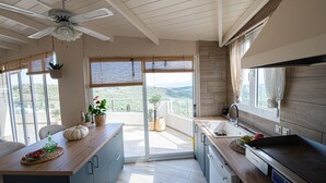 Eine moderne Küche mit einer großen Kochinsel, Schiebetüren zum Balkon und einem Deckenventilator.