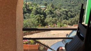 A balcony with a view of a mountainous landscape, a parked scooter, and a potted plant. - Appartement 2 en Pierre (Ota)