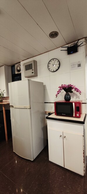 Compact kitchen with refrigerator, microwave, and potted plant.