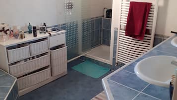 Een haardroger, handdoeken, zeep, toiletpapier