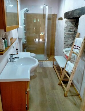 A bathroom with a white sink, mirror, and shower area. - Maison en Pierre (Fiastra)