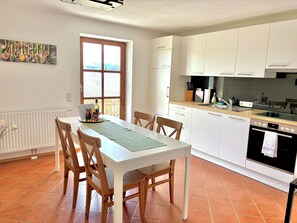 Fridge, oven, stovetop, dishwasher - Gästehaus "seeblick" Helle Terrassenwohnung am Wallersee v. den Toren Salzburgs (Seewalchen)