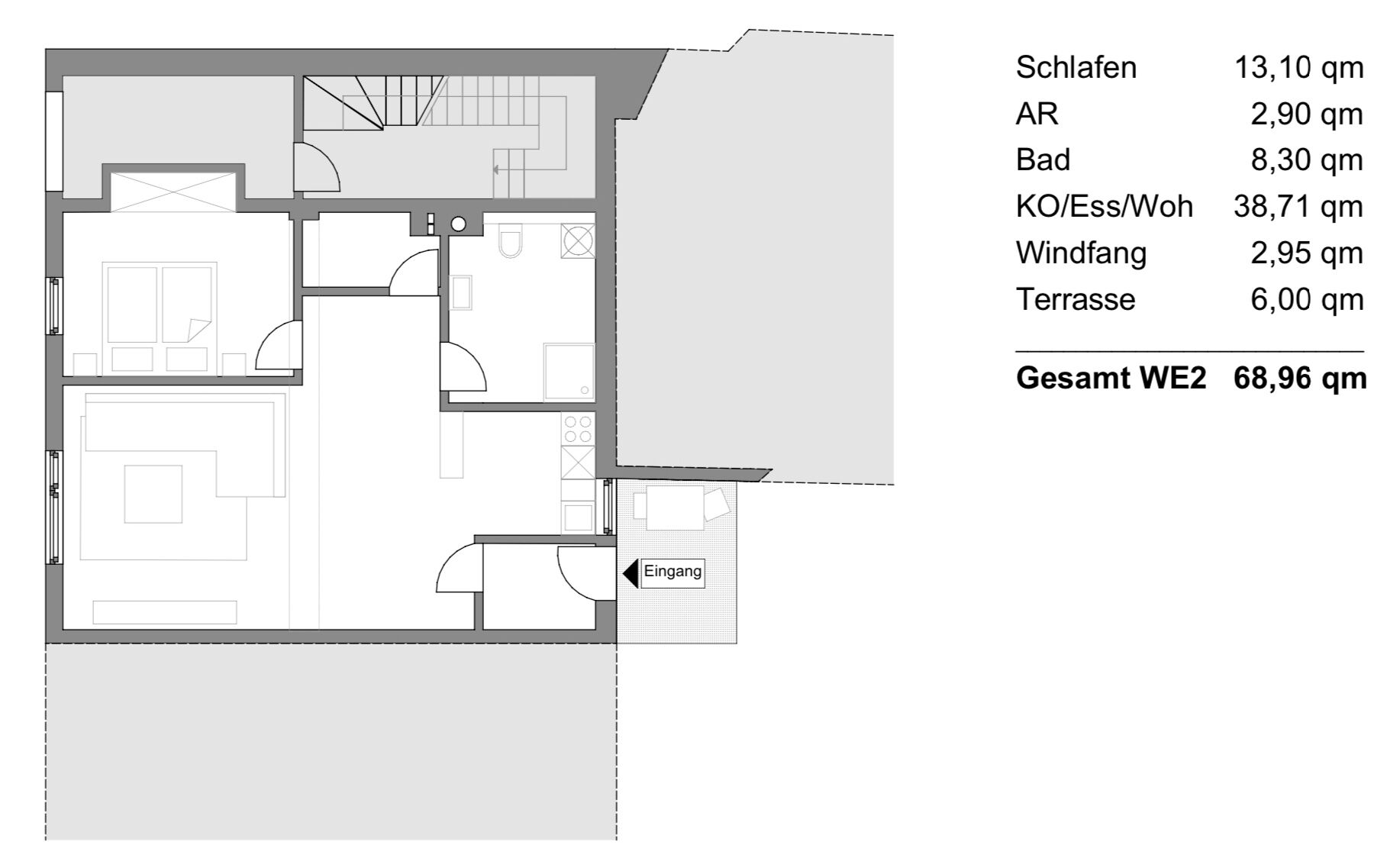 Plànol d'un apartament amb diverses habitacions i una superfície total de 68,96 metres quadrats.