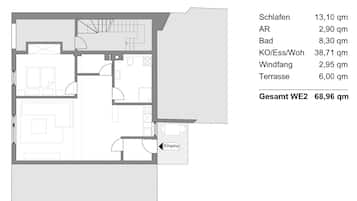 Plànol d'un apartament amb diverses habitacions i una superfície total de 68,96 metres quadrats.