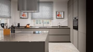 Fridge, oven, dishwasher, coffee/tea maker