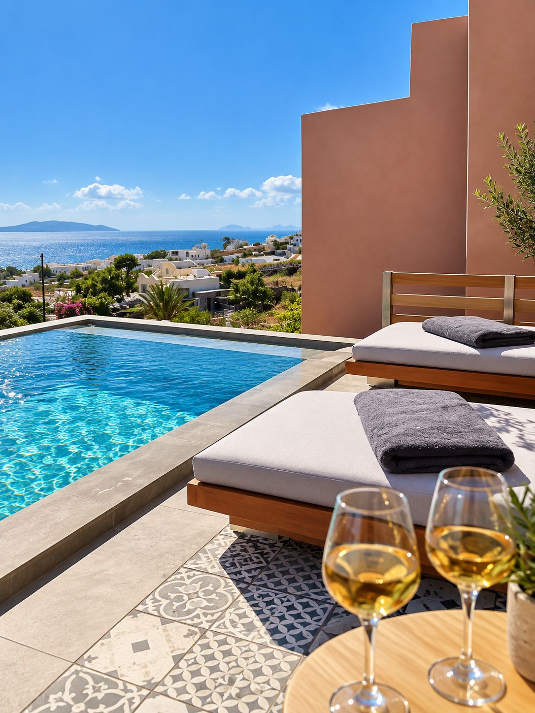 Zona junto a la piscina con vistas al mar, una silla de descanso, una toalla y dos copas de vino.