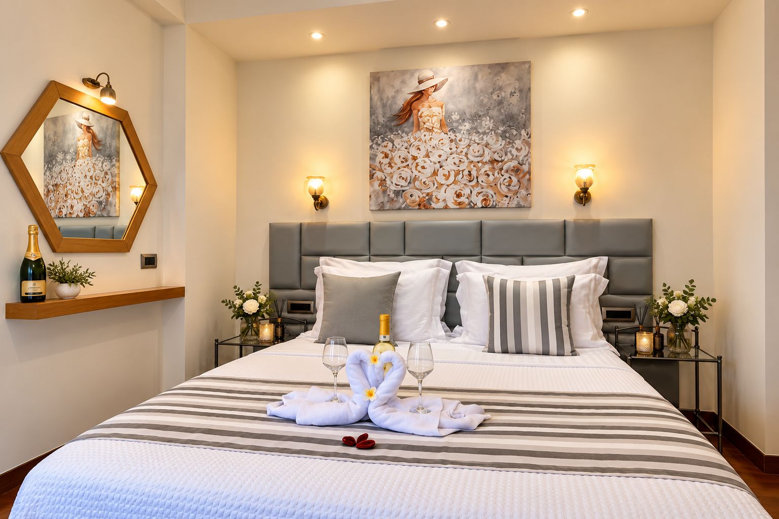 A hotel room with a large bed, a headboard, two bedside tables with lamps, a wall-mounted mirror, and artwork.