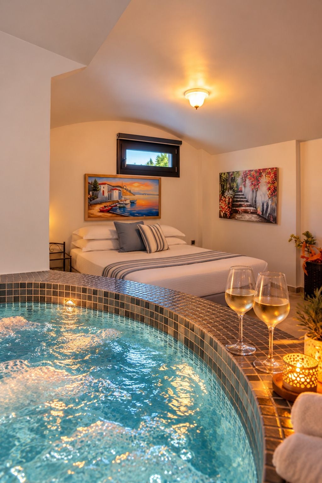 A hotel room with a bed, a painting, a television, and a hot tub with glasses of wine.