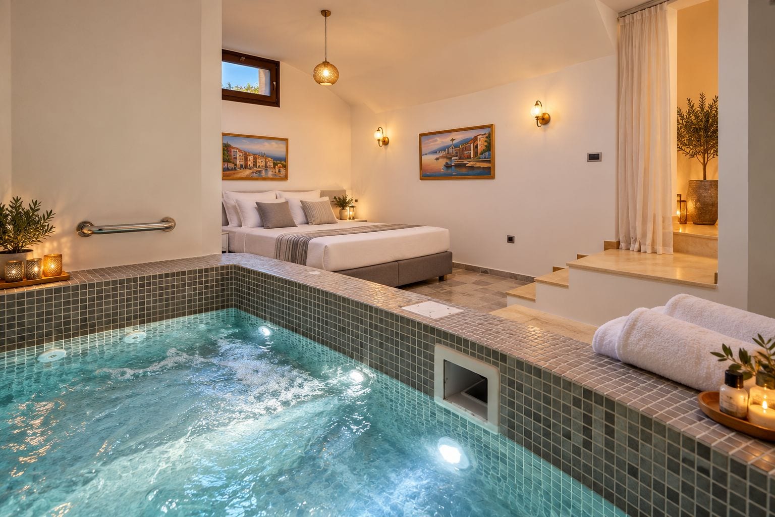 Ein modernes Hotelzimmer mit Spa-Bereich, einschließlich Whirlpool und Bett.